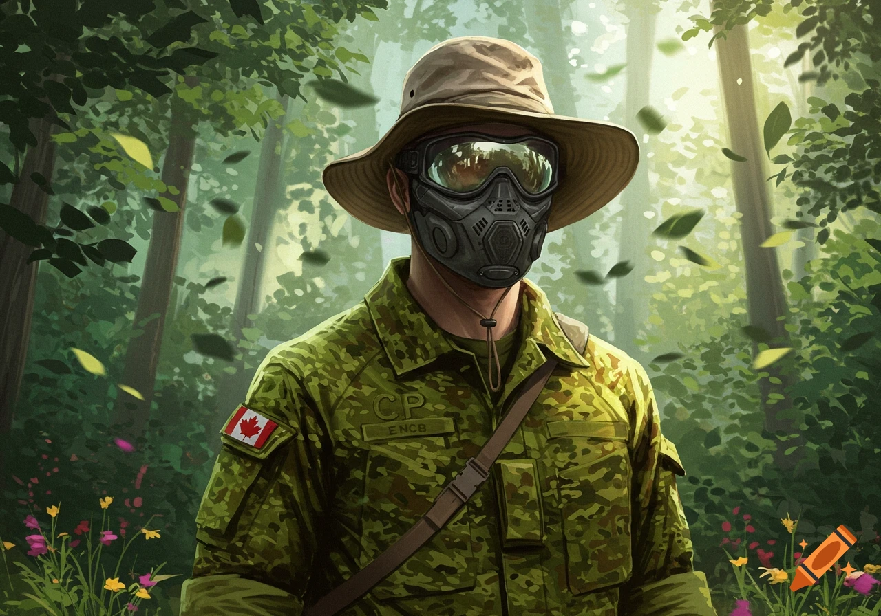 A person in camouflage uniform, tan sun hat, and a dark tactical mask stands in a sunlit forest with falling leaves.