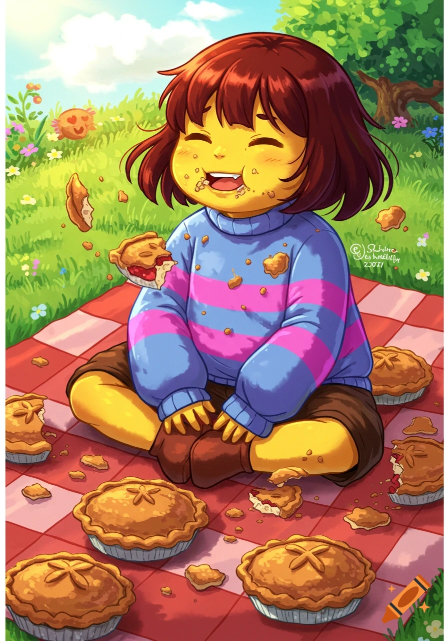 Cartoon of Frisk from Undertale joyfully sitting on a red and white checkered blanket, covered in pie crumbs, surrounded by pies in a grassy field.