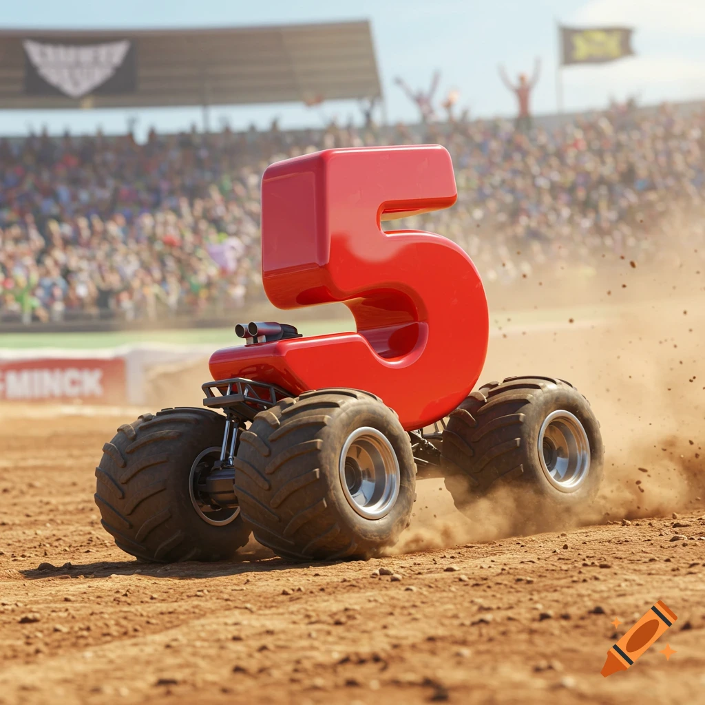 A large red number 5 with monster truck wheels races on a dirt track, kicking up dust in a sunny stadium filled with spectators.