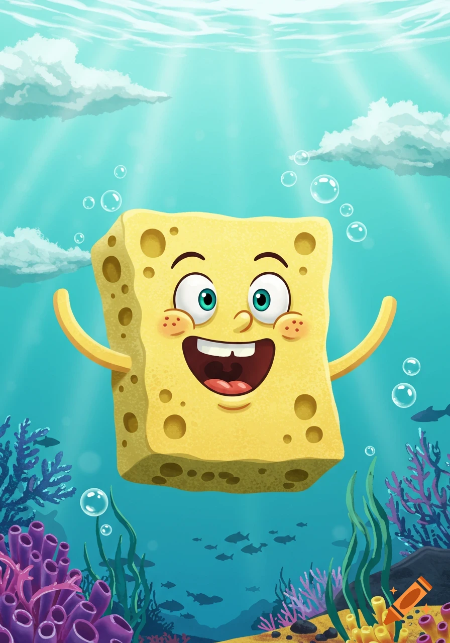 A happy cartoon yellow sponge character with wide eyes and a big smile floats in a vibrant blue underwater scene with coral and fish.