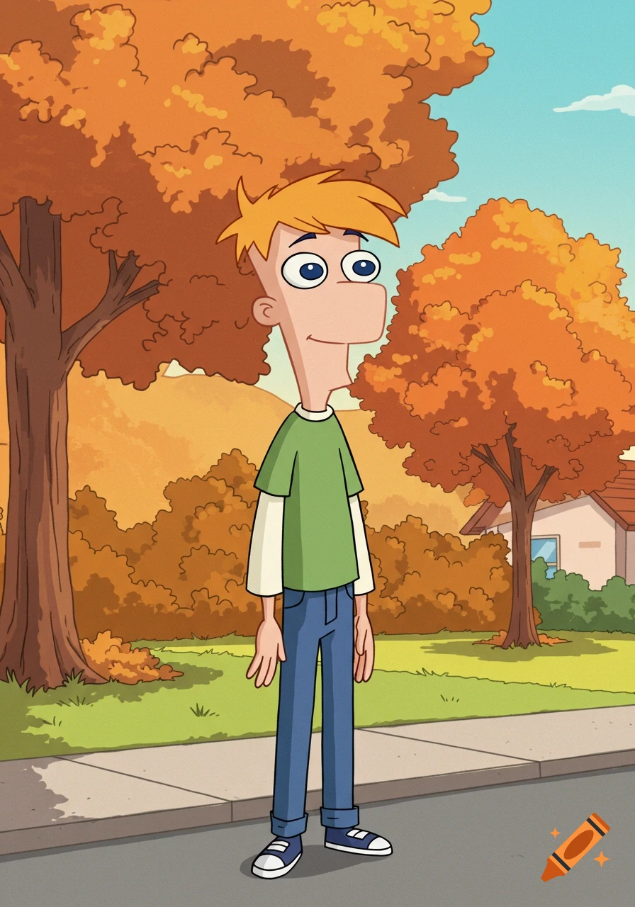 A cartoon teenage boy with shaggy blond hair wearing a green shirt and blue jeans, standing in a sunny suburban neighborhood with autumn trees, in the Phineas and Ferb art style.