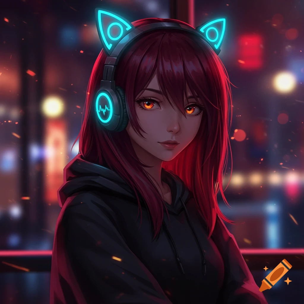 Anime girl with dark red hair and glowing orange eyes, wearing a black hoodie and headphones with glowing blue cat ears, against a blurred night city background.