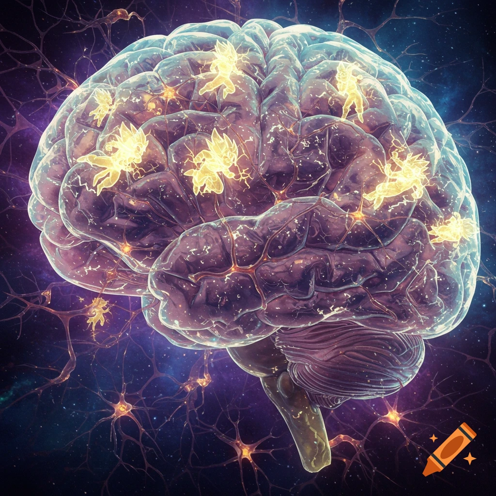 A transparent brain glows with electric yellow Super Saiyan figures acting as neurons against a dark, cosmic background.