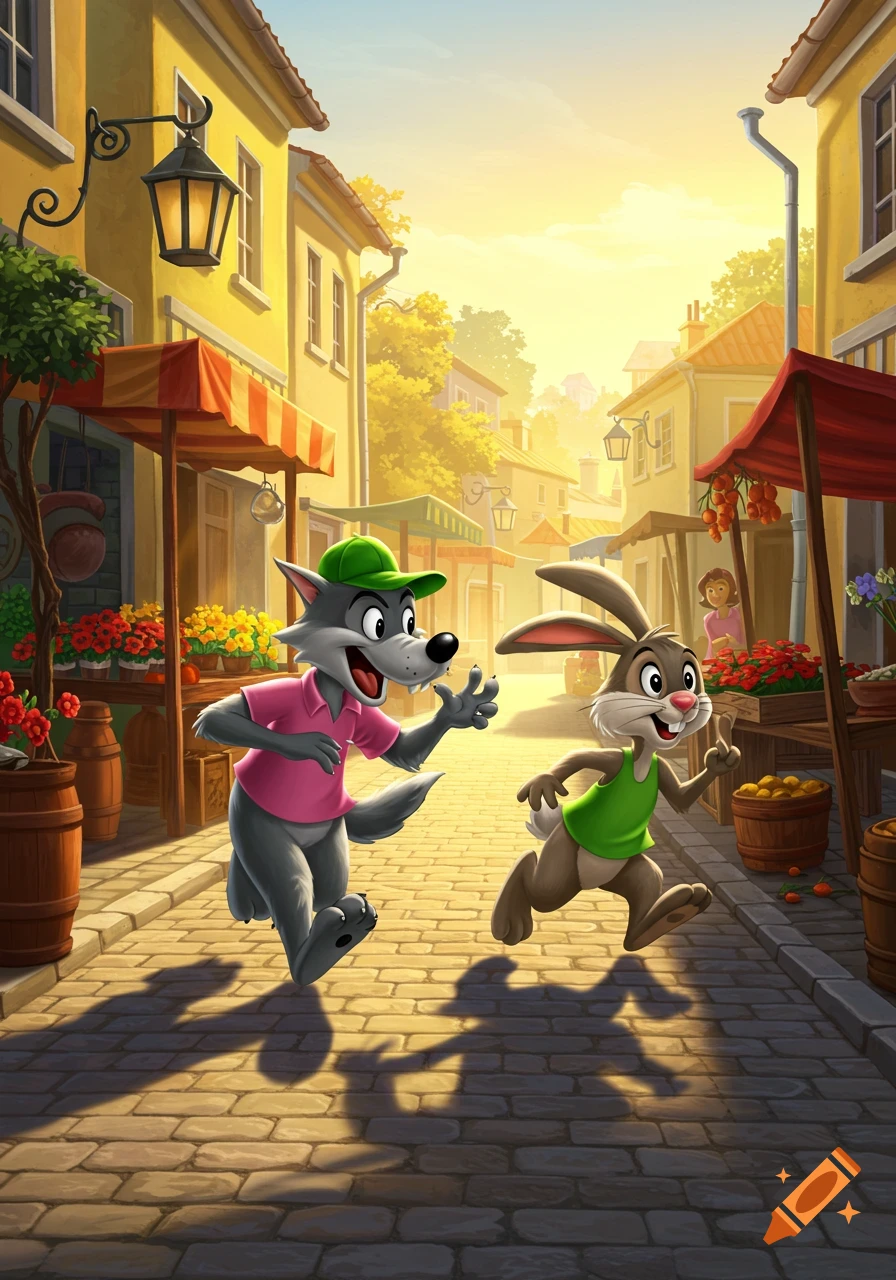 Cartoon wolf and rabbit running on a sunny cobblestone street in a village with market stalls.