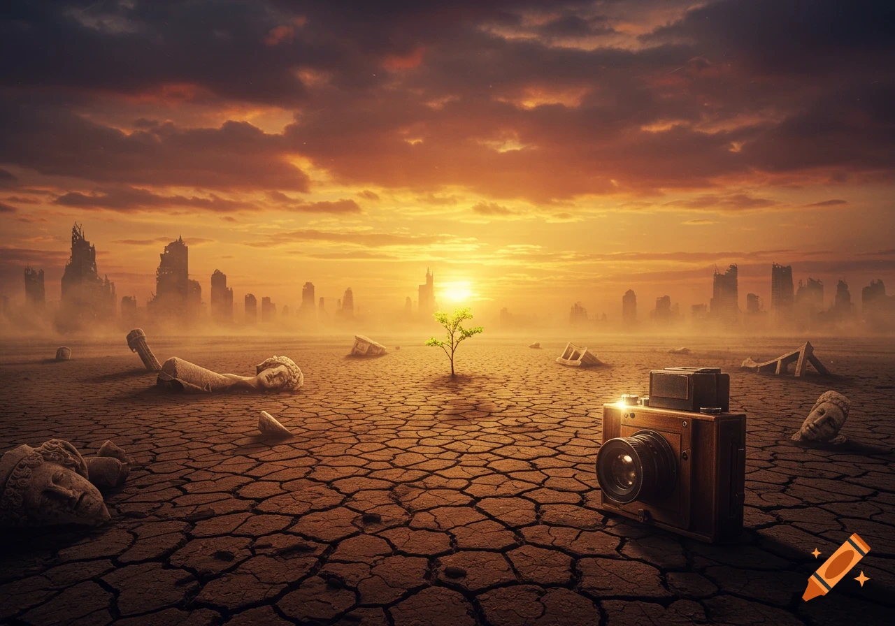 Vintage camera on cracked earth with a small green tree, ruined city in the distance, and an orange sunset in a post-apocalyptic landscape.