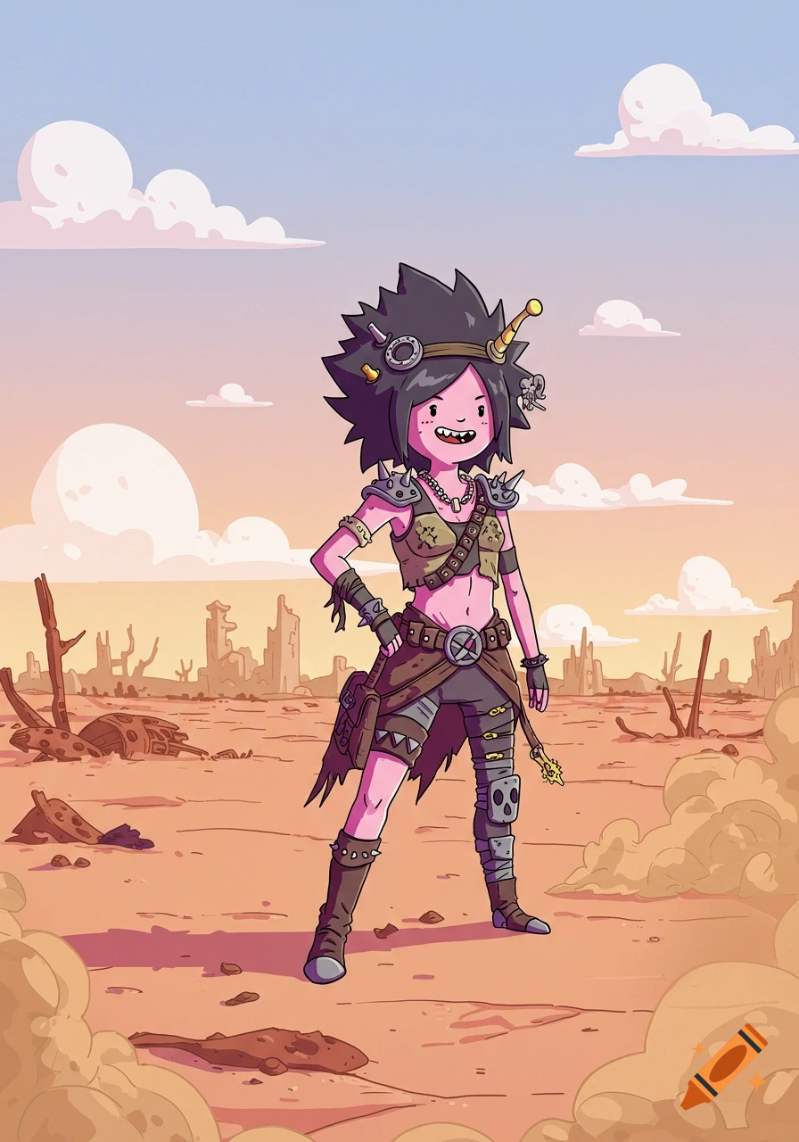 A cartoon raider girl with dark spiky hair and pink skin stands in a desolate desert wasteland, in the style of Adventure Time.