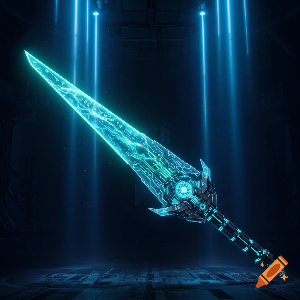 A futuristic glowing blue energy sword with intricate circuit patterns and electrical discharges on the blade, standing in a dark, tech-themed environment with blue light beams.