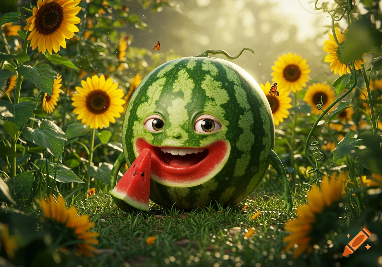 A happy, cartoon watermelon character eats a slice of watermelon in a sunny sunflower field.