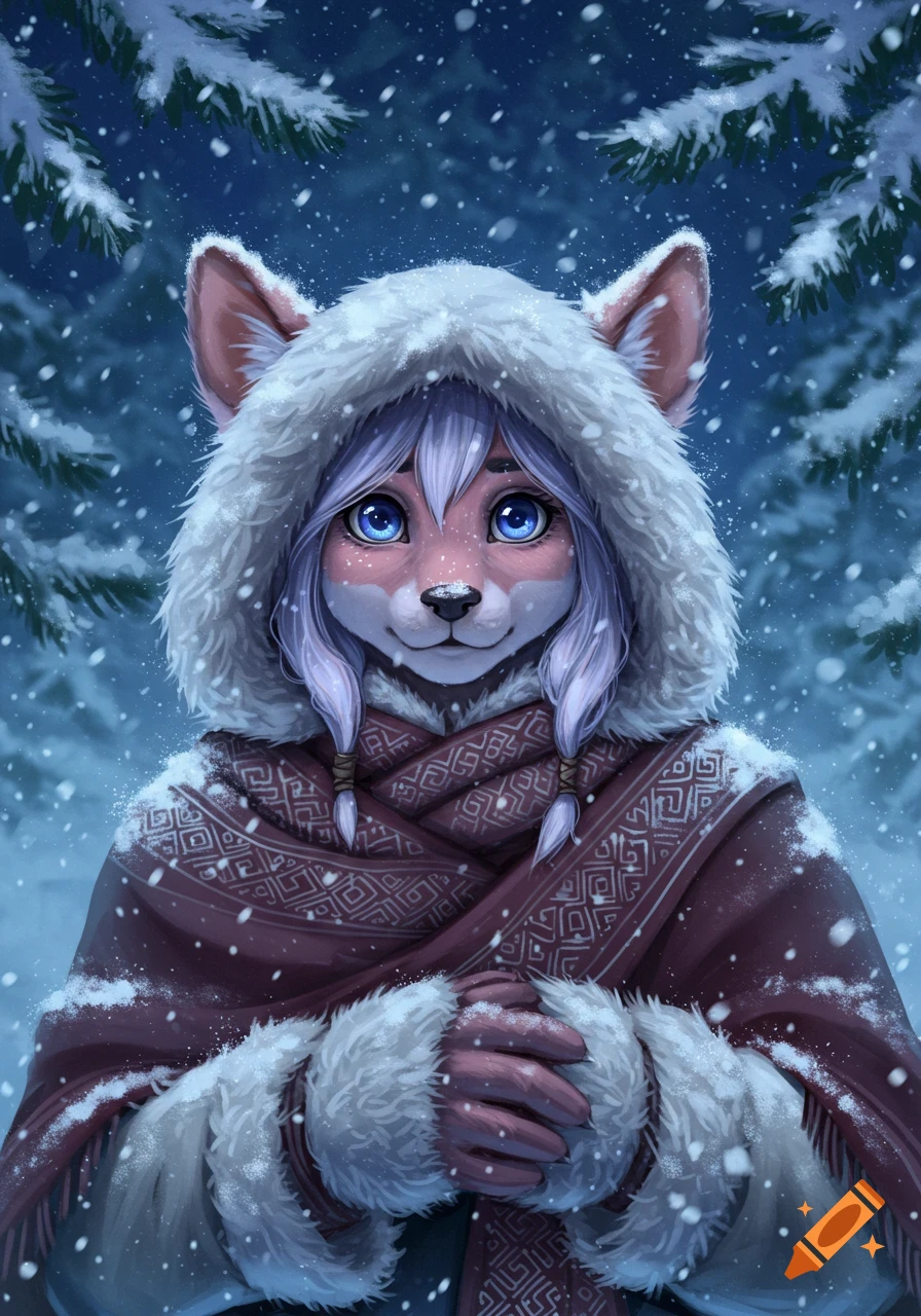 A furry character with blue eyes and light purple hair wearing a white furry hood and a patterned red cloak in a snowy forest.