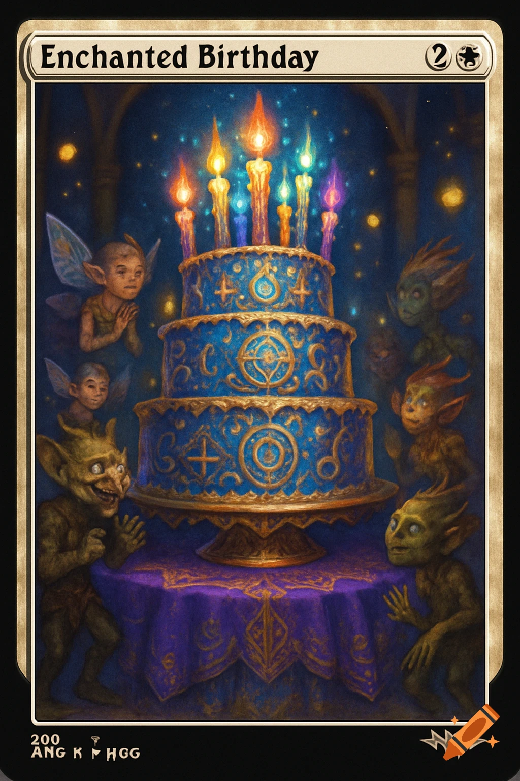 Fantasy art Magic card featuring a magical blue birthday cake with candles, surrounded by fairies and goblins.