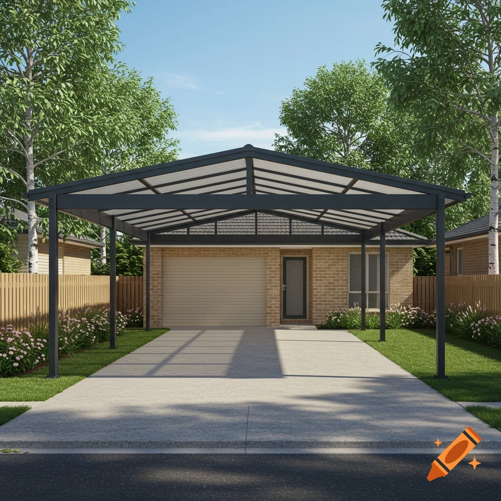 Photorealistic image of a brick house with a dark grey carport covering a concrete driveway on a sunny day.