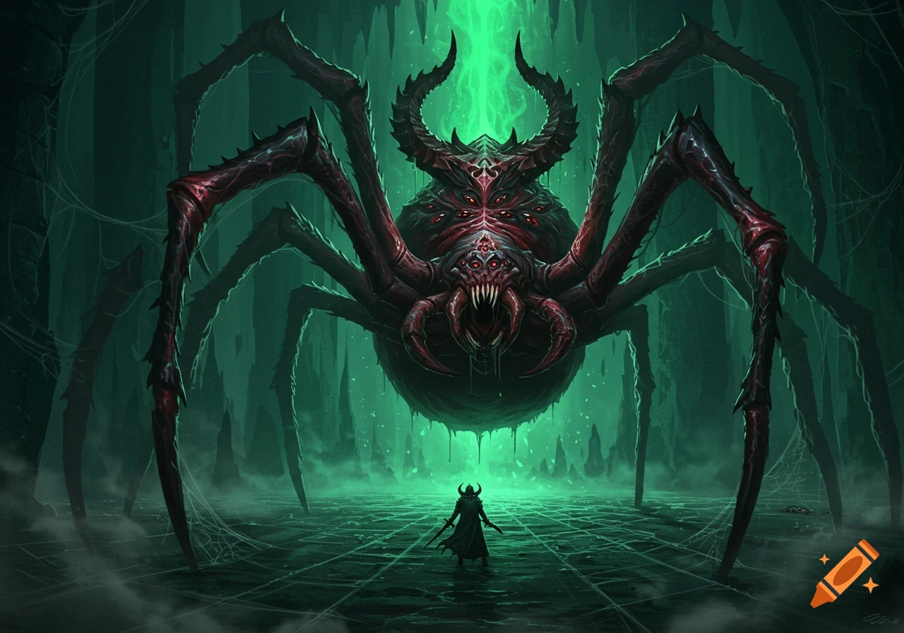 A monstrous, multi-eyed demonic spider with horns looms over a lone, cloaked figure in a dark, glowing green cave.