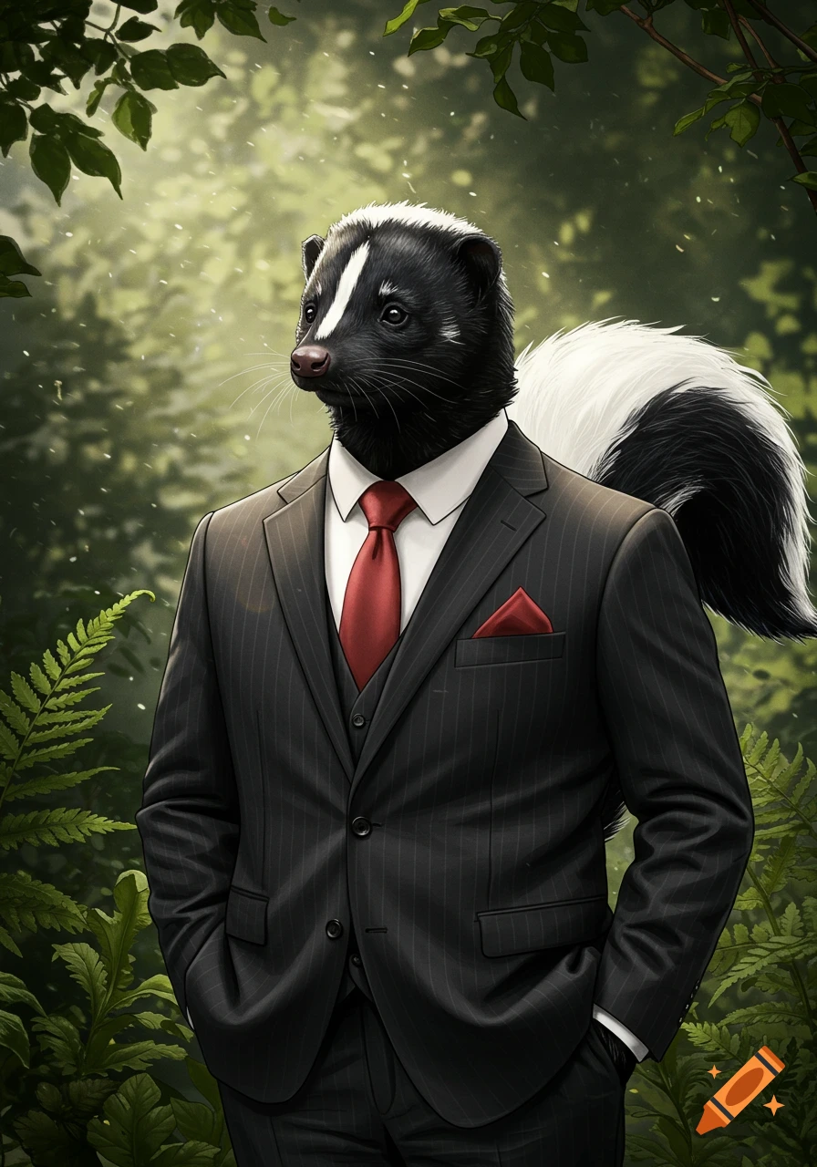 A photorealistic skunk wearing a dark pinstripe business suit with a red tie and pocket square, standing in a forest.