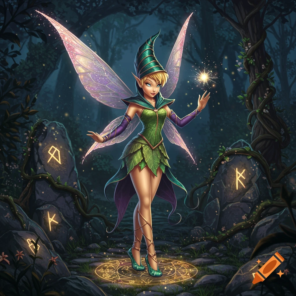 A magical fairy with green and purple attire and glowing wings stands in a dark forest, surrounded by glowing runic stones and a magic circle.
