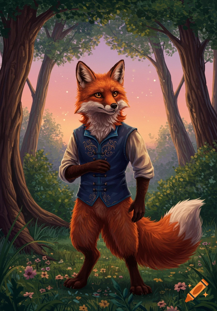 An anthropomorphic fox in a blue vest and white shirt stands in a lush fantasy forest at sunset.
