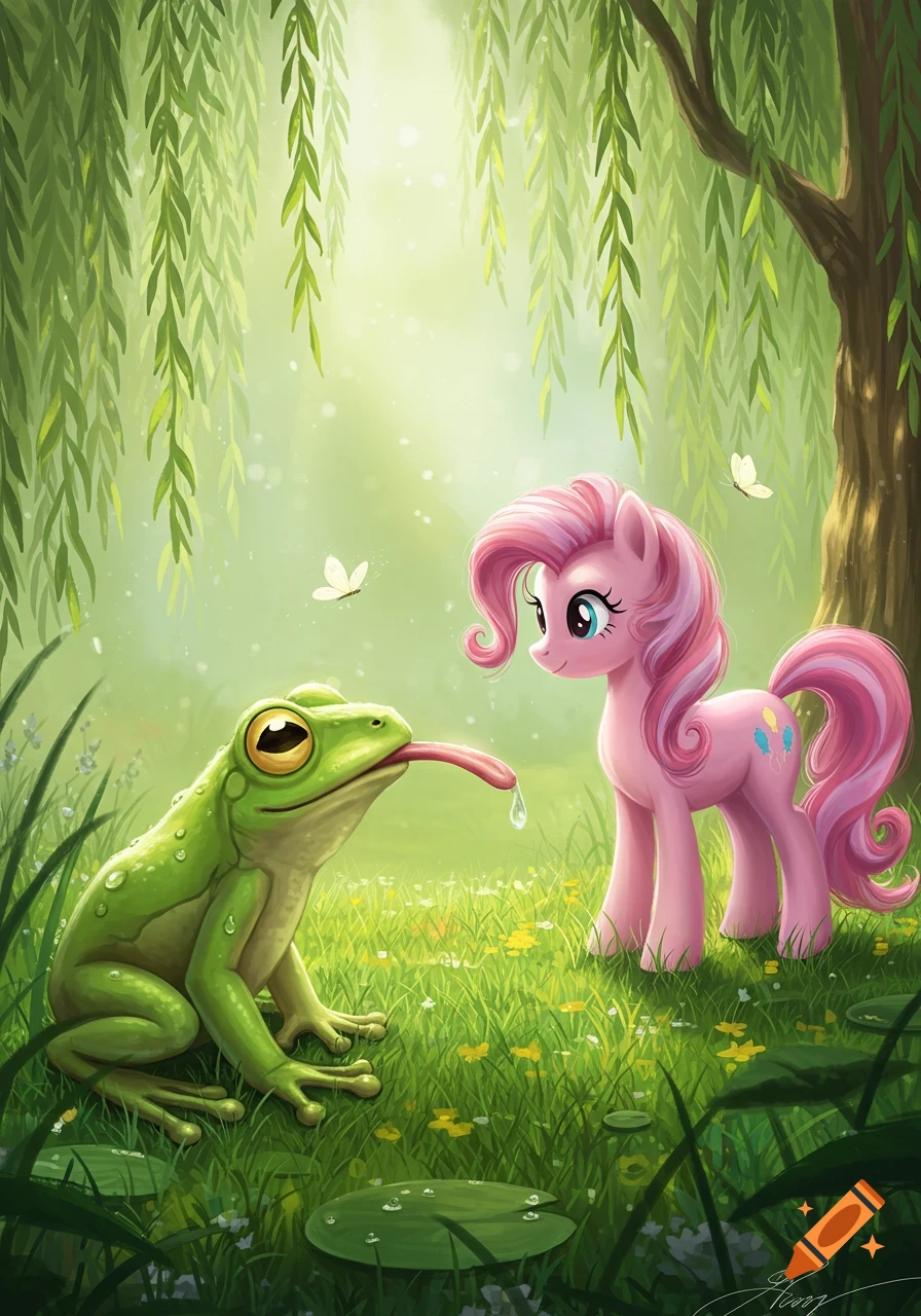 A whimsical illustration of a green frog with its tongue out, facing a pink pony (Pinkie Pie) in a sunny, green forest under willow trees.