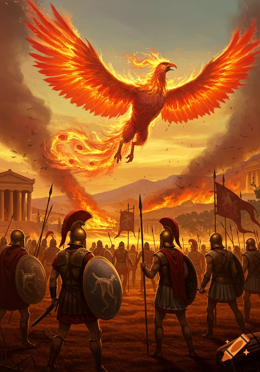 A giant fiery phoenix descends over an ancient city in flames, with an army of Greek soldiers in the foreground.