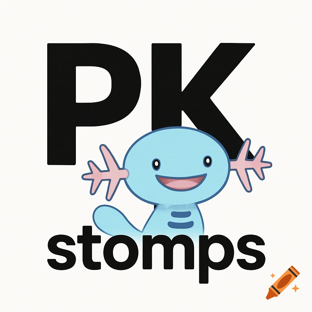 A blue Pokemon character, Wooper, smiles with large black text 'PK' above its head and smaller black text 'stomps' below it, all on a white background in a simple logo style.