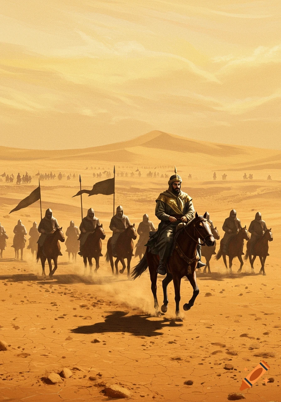 A column of ancient Middle Eastern horsemen, led by a prominent figure, ride through a vast, sun-baked desert landscape under a golden sky.