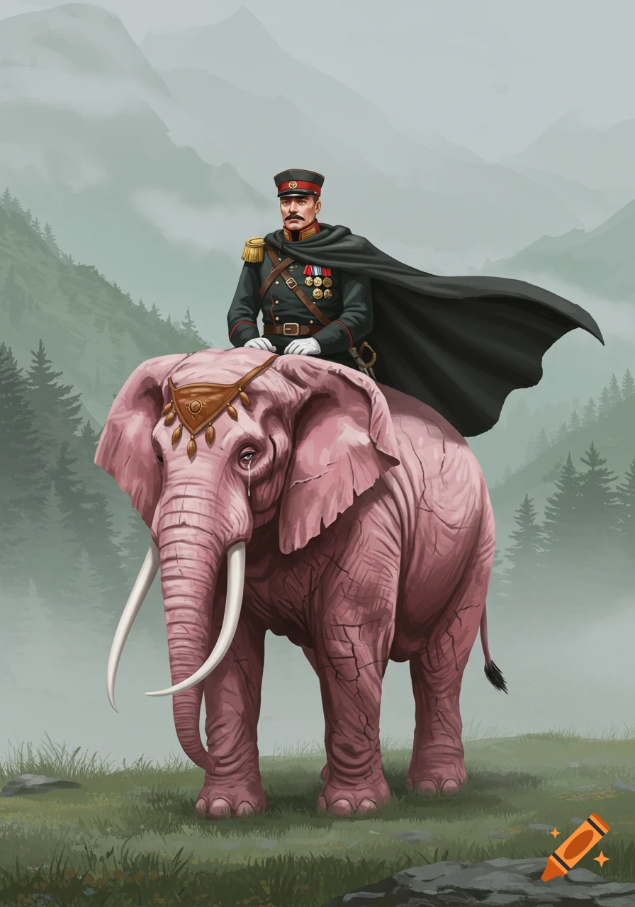 A general in a dark uniform and flowing cape rides a sad pink elephant with tears and cracked skin through a misty mountain landscape.