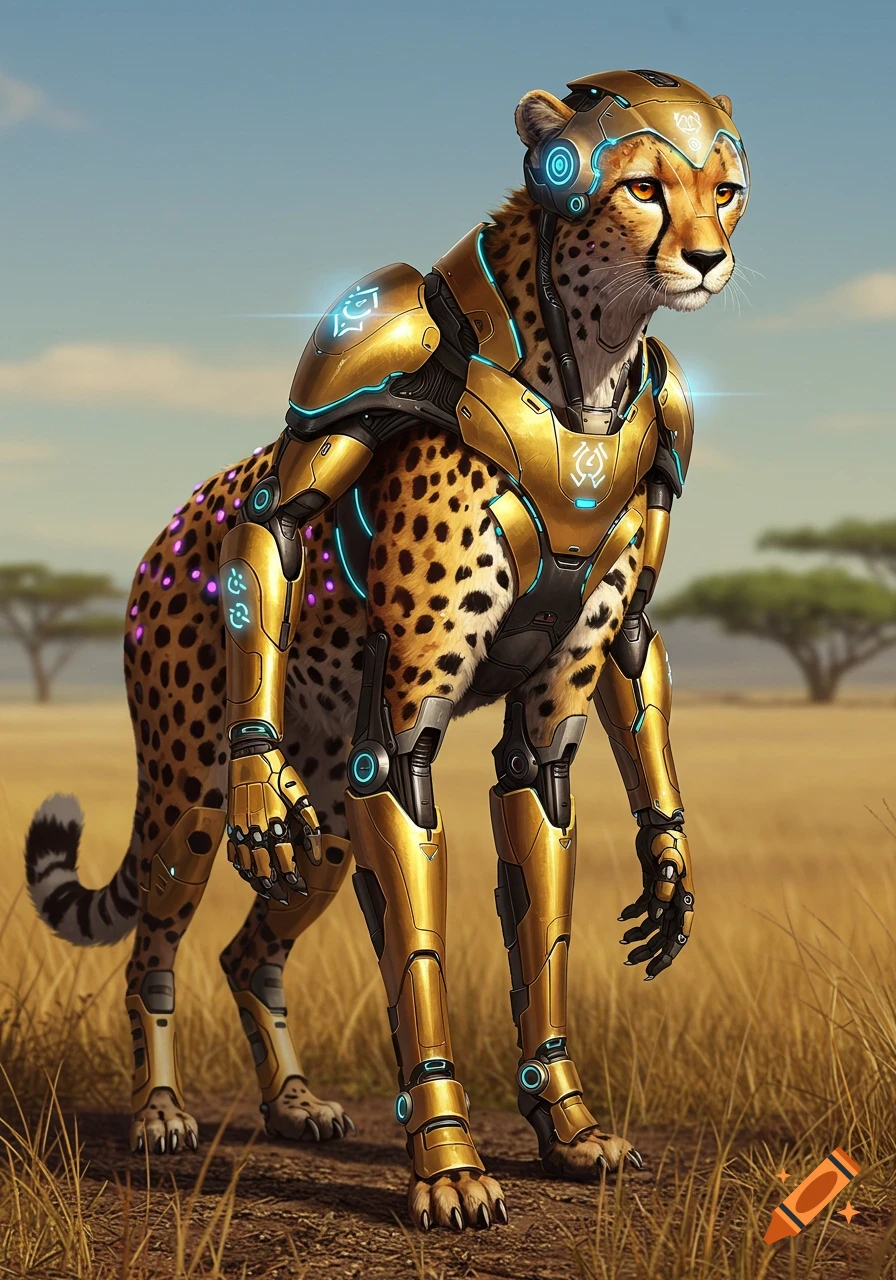 A cheetah in sleek golden futuristic armor with blue glowing accents stands in a grassy savanna.