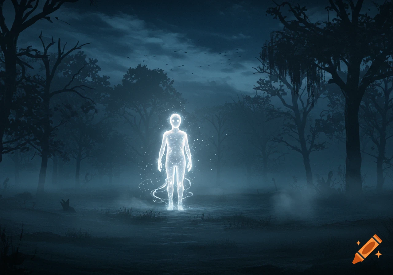 A glowing, ethereal humanoid ghost stands in a dark, foggy forest with silhouetted trees under a cloudy night sky.