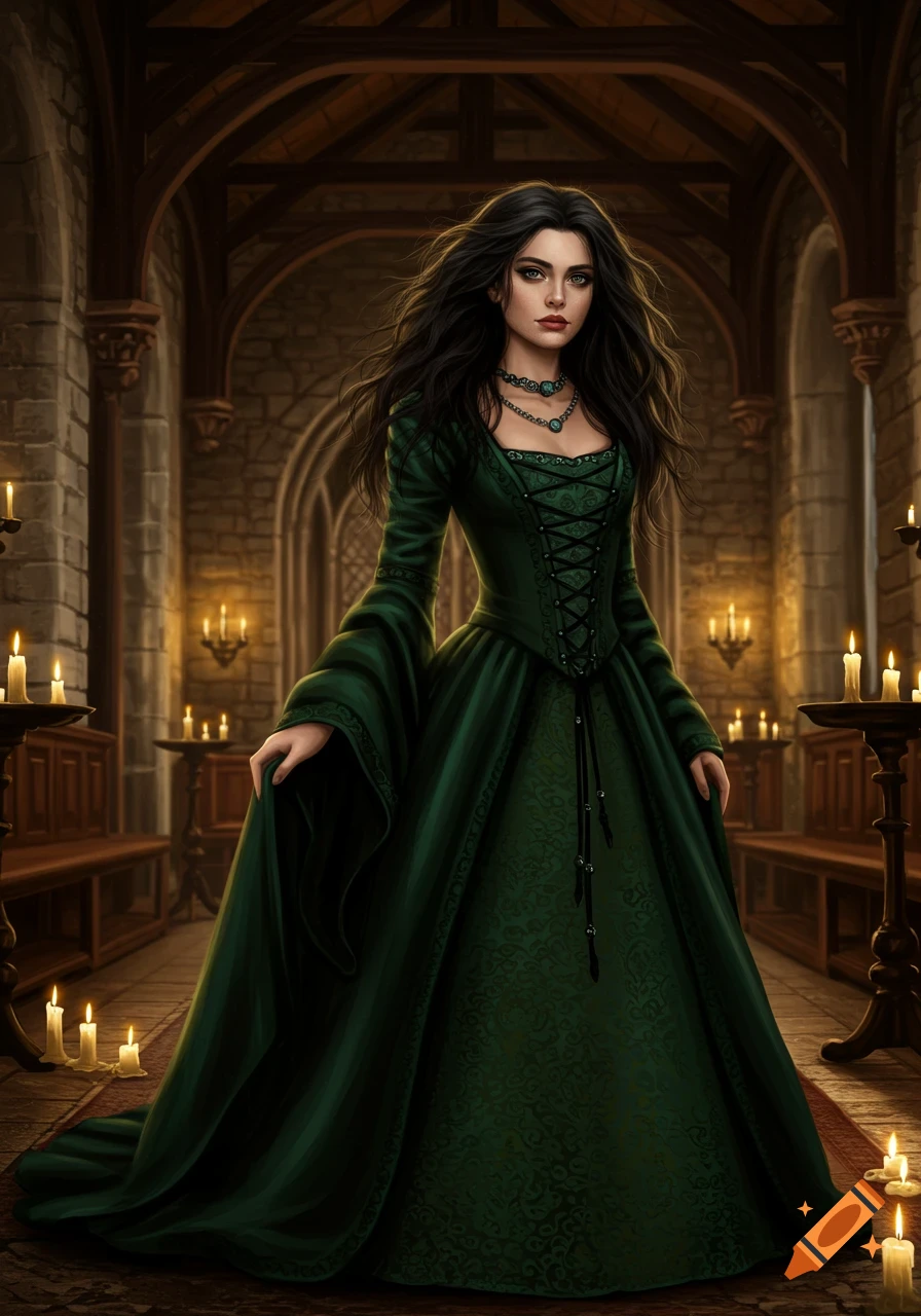 A woman with long dark hair in a flowing green medieval dress stands in a candlelit stone hallway.