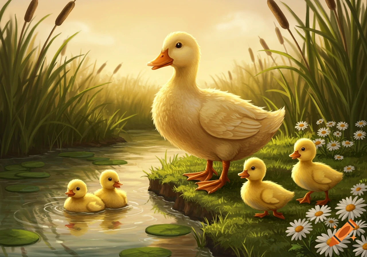 A mother duck stands on the bank of a pond with four ducklings around her, two in the water and two on land, surrounded by reeds and daisies.