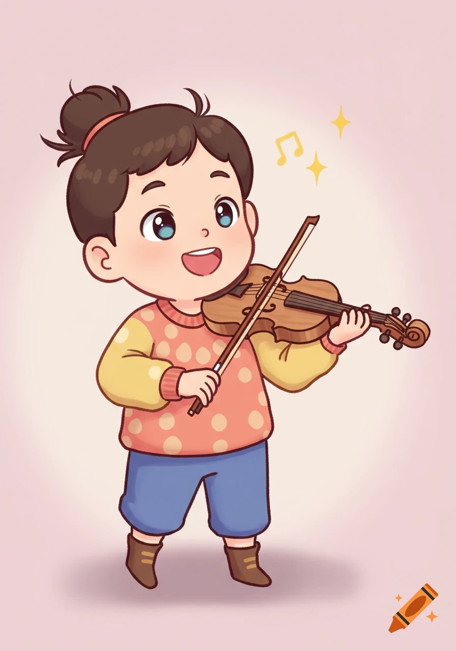 A cute 2D cartoon drawing of a smiling child with a bun playing the violin, with musical notes floating nearby.