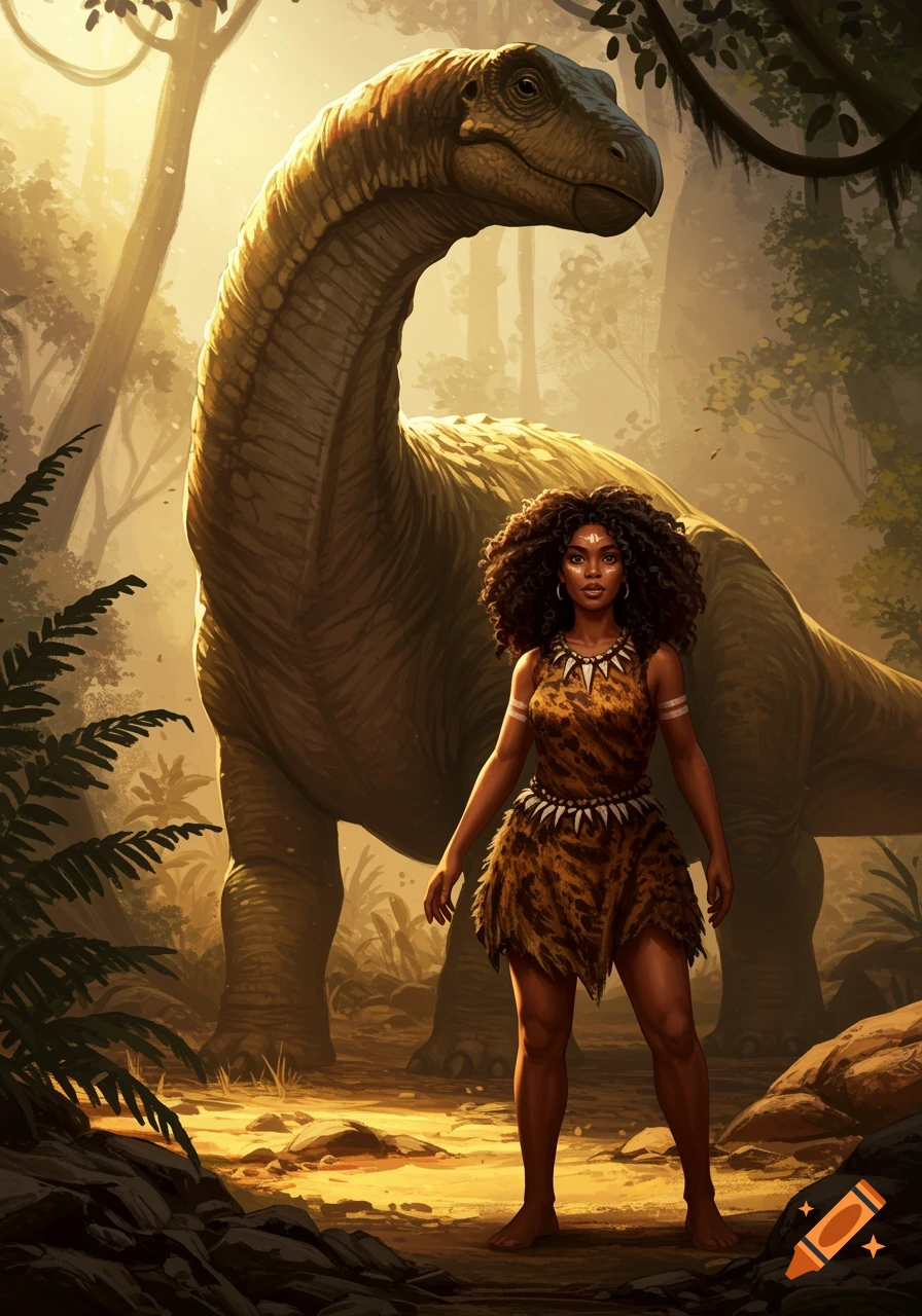 A cave woman with curly hair and a leopard print outfit stands in a sunlit jungle with a large dinosaur behind her. Digital illustration.