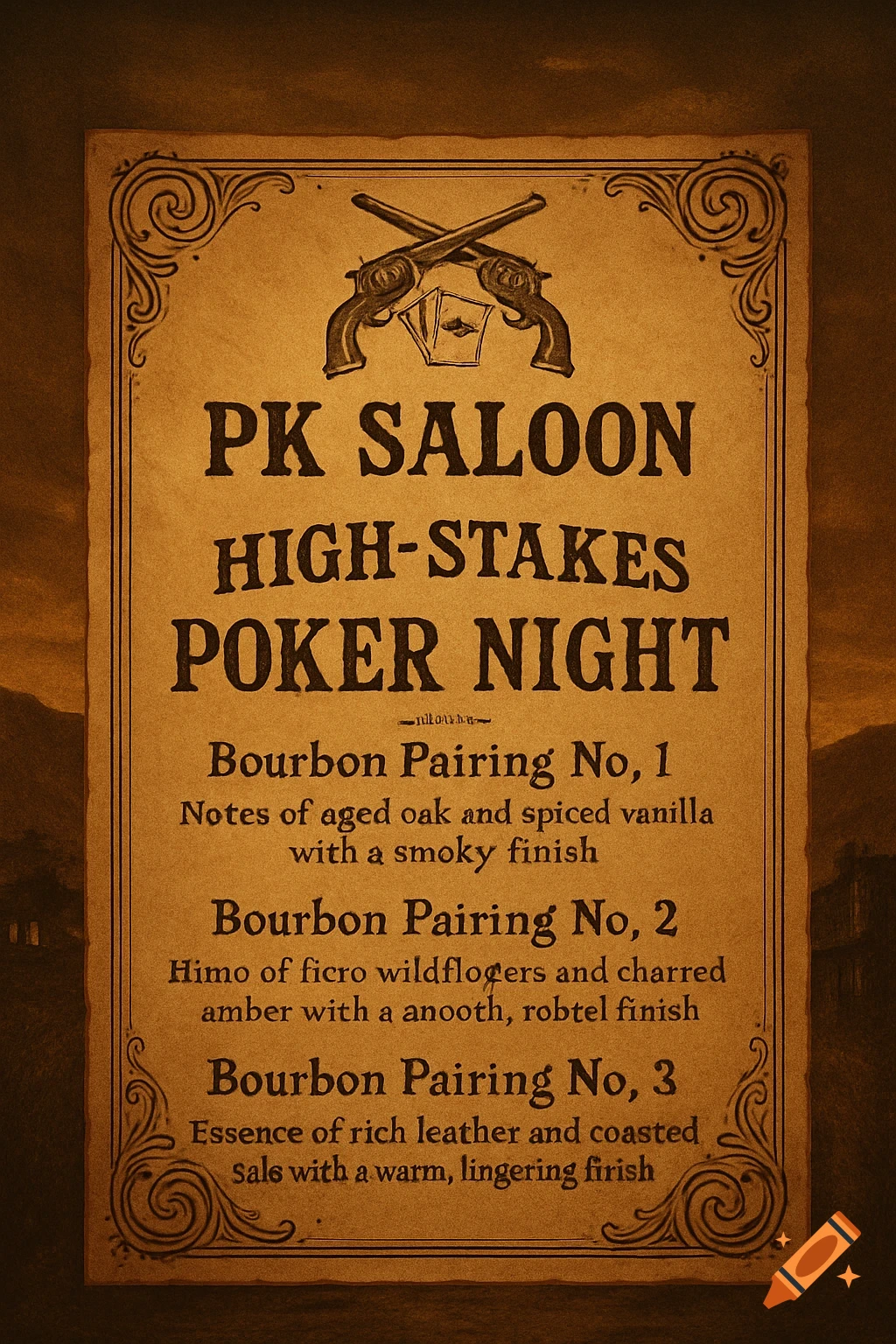 A vintage-style sepia-toned menu for 'PK SALOON HIGH-STAKES POKER NIGHT' with crossed pistols and playing cards at the top. It lists three bourbon pairings with descriptions.