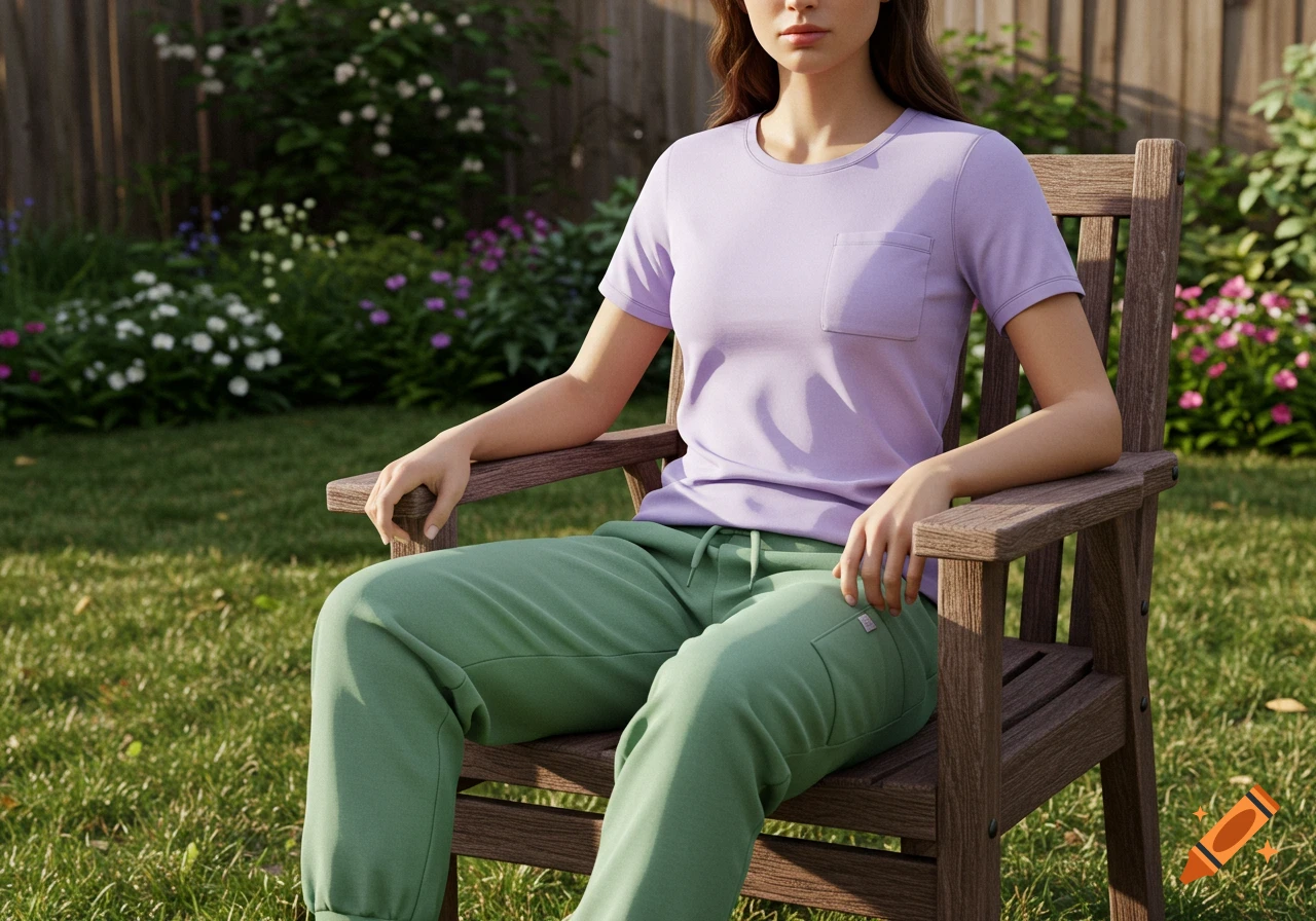 A woman sits on a wooden chair in a sunlit backyard, wearing a purple t-shirt and green sweatpants.