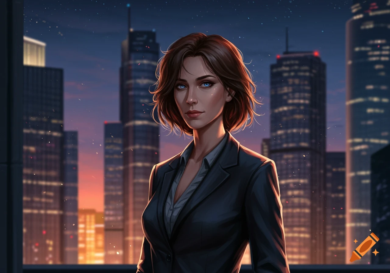 A young woman with brown hair and blue eyes in a dark tailored suit stands against a cityscape at dusk, digital art.