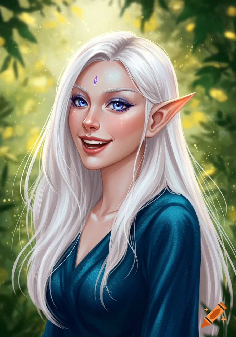 Painted portrait of a smiling elven woman with long white hair, blue eyes, and pointed ears, wearing a blue gown, in a forest.