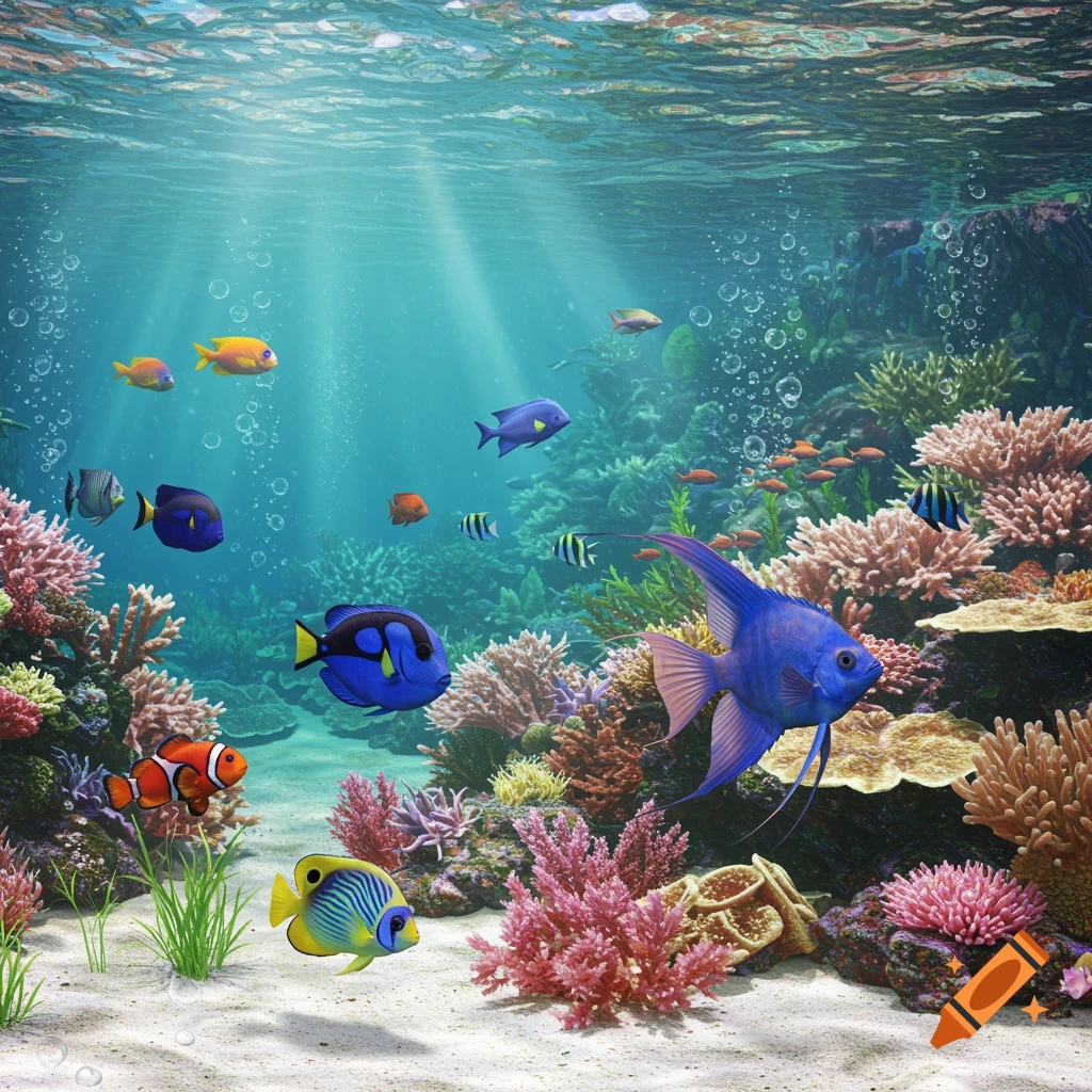 A vibrant, colorful underwater scene with various tropical fish swimming among diverse coral reefs and sandy seabed, with sunbeams piercing the water.