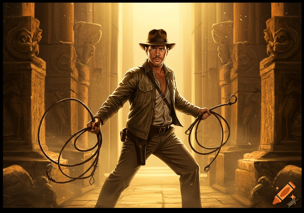 Indiana Jones in a fedora and brown jacket holds two whips in a golden, dusty temple hallway filled with ancient pillars.