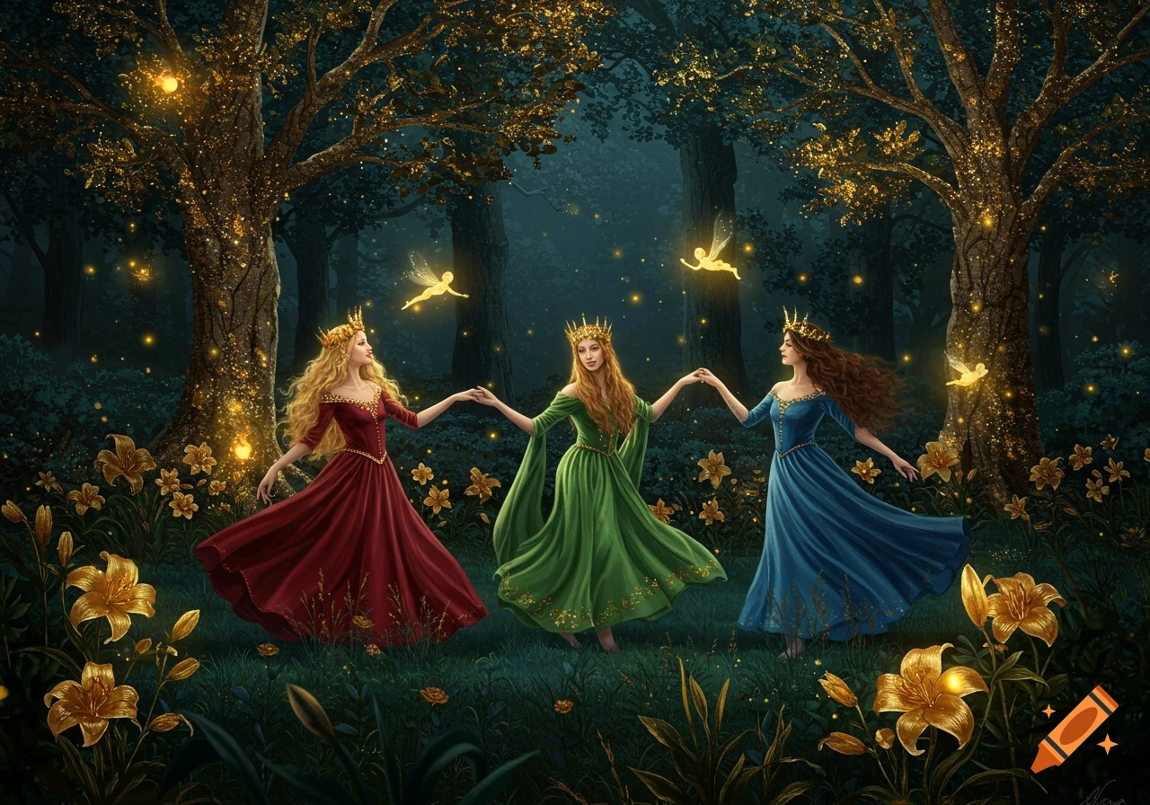 Three princesses in red, green, and blue gowns dance in a magical forest at night, surrounded by glowing trees and golden lilies.