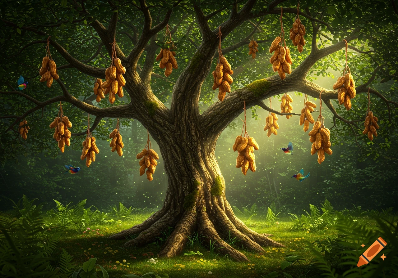 A photorealistic image of a large tree with bunches of peanuts hanging from its branches in a lush, sunlit forest.