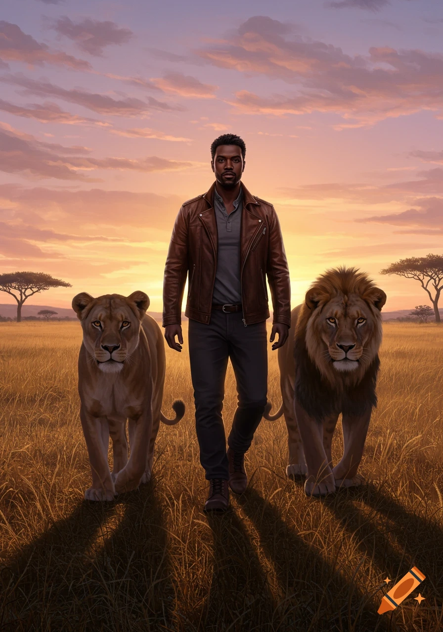 A Black man in a brown leather jacket walks forward between two large lions in a golden savanna at sunset.