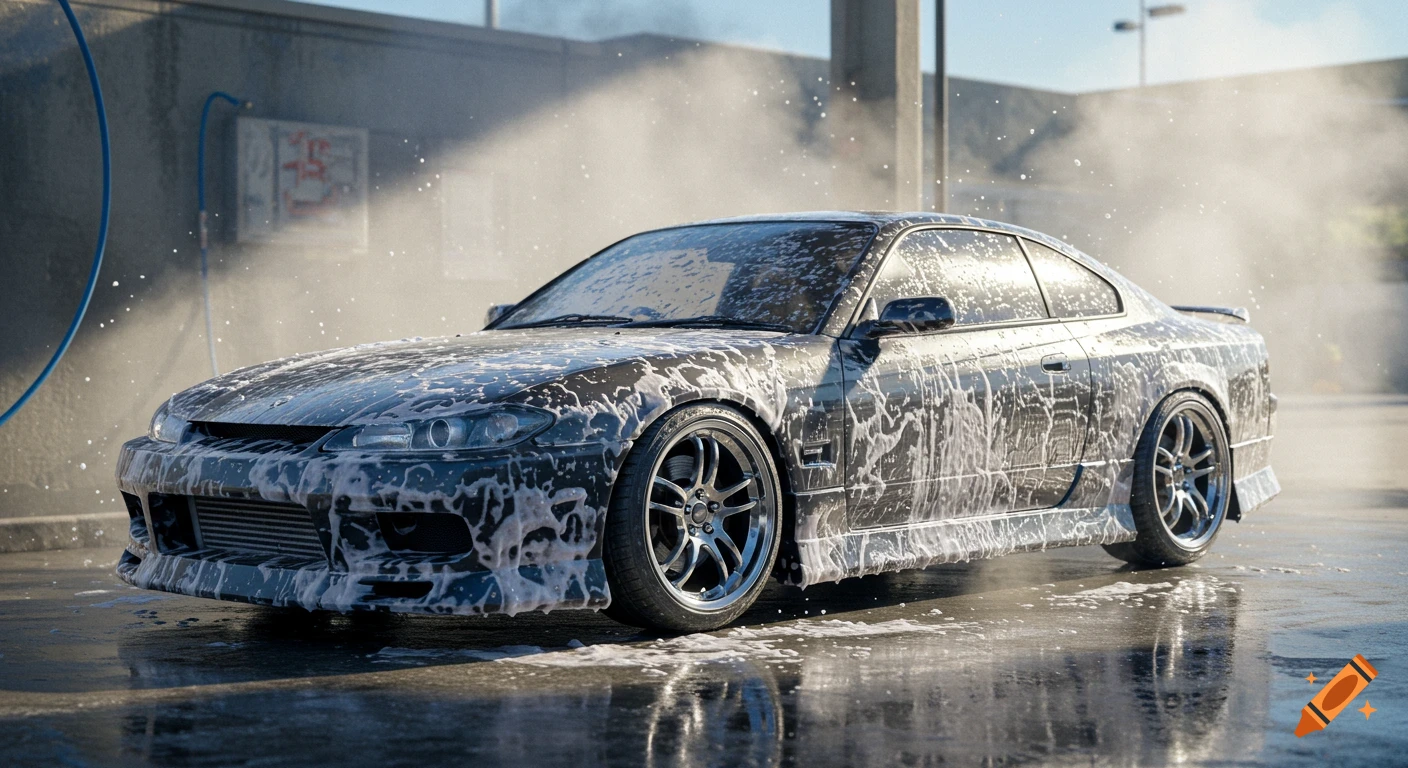 A dark grey Nissan Silvia S15 covered in white soap suds during a car wash, with water spraying in the background.