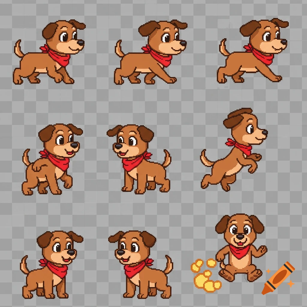 Pixel art spritesheet of a brown dog character in various poses including walking, idle, and jumping.