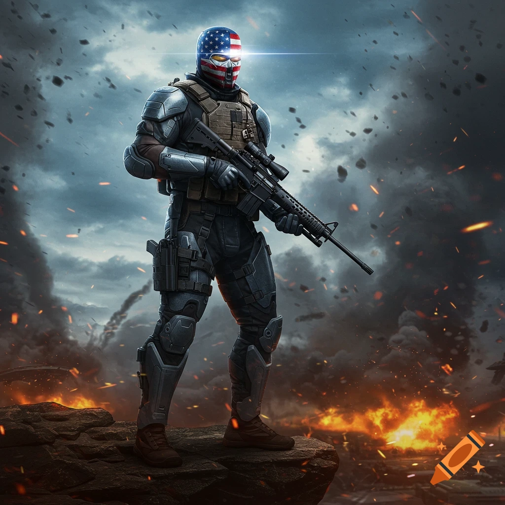 A soldier or superhero wearing ballistic armor and an American flag mask stands with a rifle on a rock in a smoky, fiery combat zone.