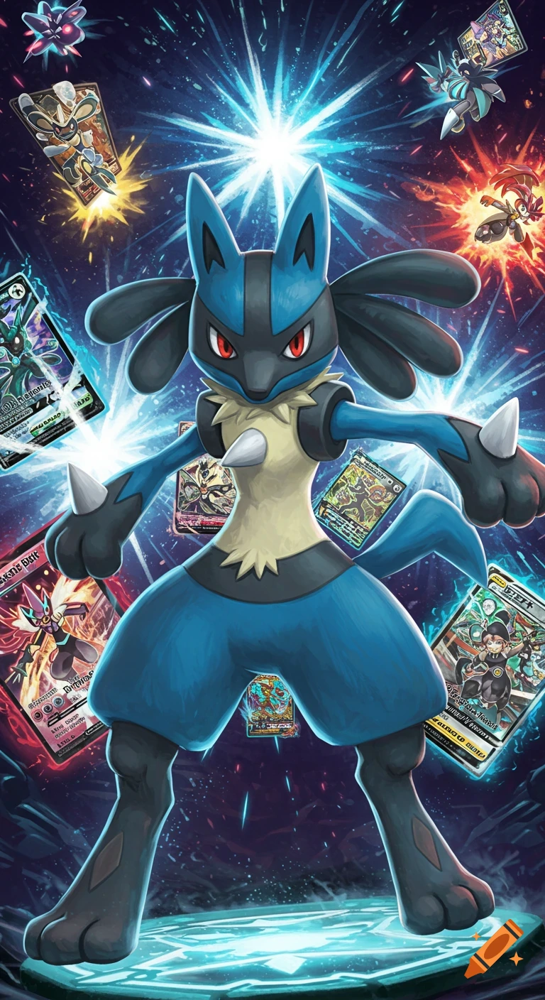 Lucario stands powerfully amidst glowing energy and various Pokemon trading cards in an anime-style illustration.