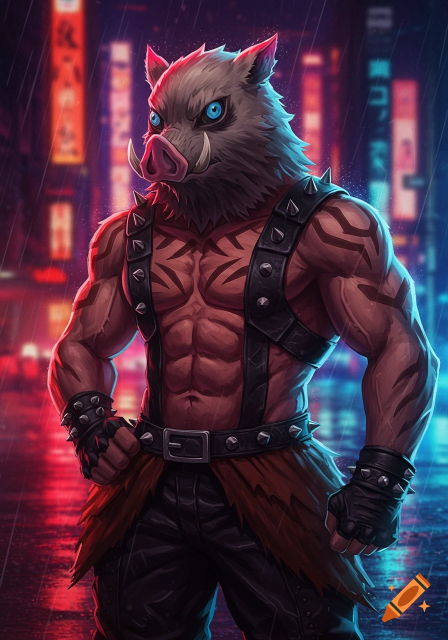 A muscular anthropomorphic boar character with blue eyes and a spiked harness stands in a rainy neon city.