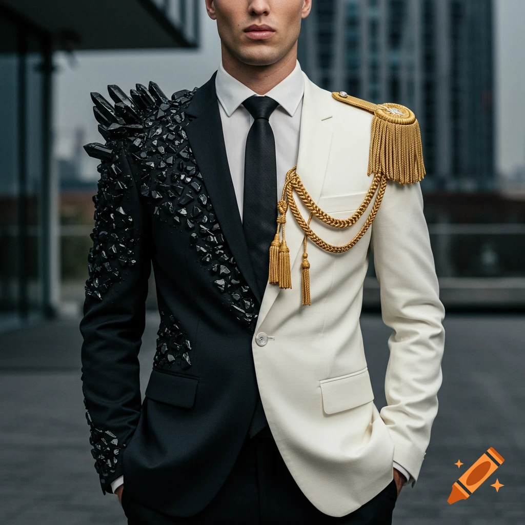 A man in a split black and white tuxedo. The black half has crystal shards; the white half has gold military tassels. Photorealistic fashion photo.