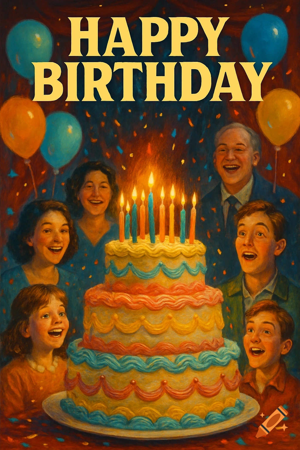 A painterly image of a family celebrating a birthday around a large cake with candles, balloons, and confetti, under a "HAPPY BIRTHDAY" banner.