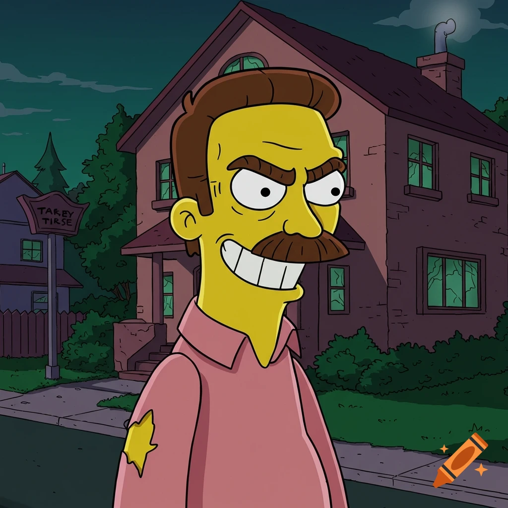 A cartoon image of Ned Flanders from The Simpsons with an evil grin and furrowed brows, standing in front of a house at night.