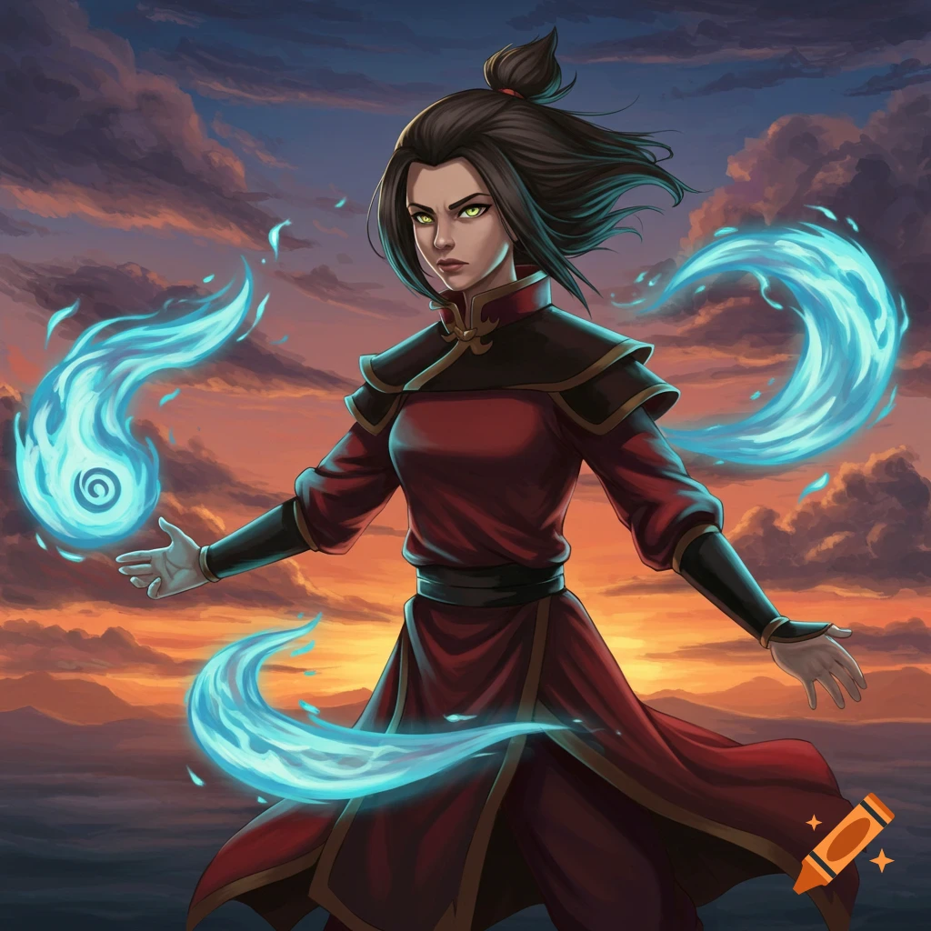Azula, a dark-haired woman in red, bends blue fire against a dramatic sunset sky in an anime art style.