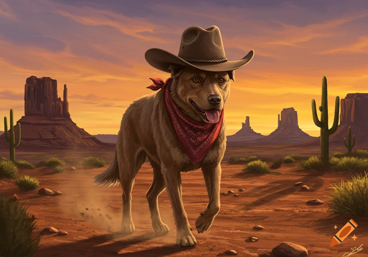 A brown dog wearing a cowboy hat and red bandana walks through a desert landscape with mesas and cacti at sunset, digital painting.