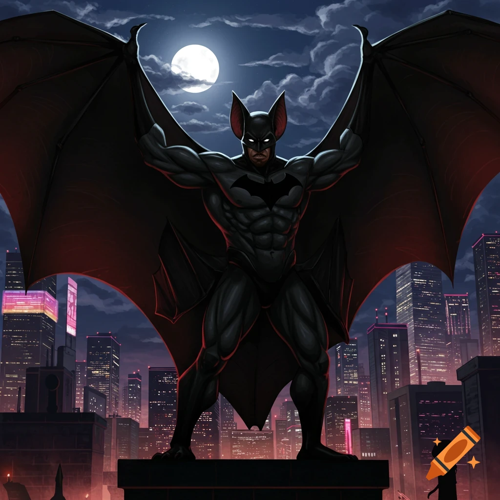 A muscular bat-like superhero with large wings stands on a city rooftop at night under a full moon.